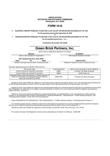 Thumbnail Green Brick Partners
 10-Q Quarterly Report FY2025 