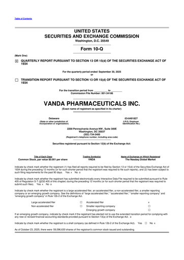 Miniature Vanda Pharmaceuticals 10-Q Rapport trimestriel 2025 