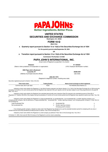Thumbnail Papa John's Pizza
 10-Q Quarterly Report FY2025 