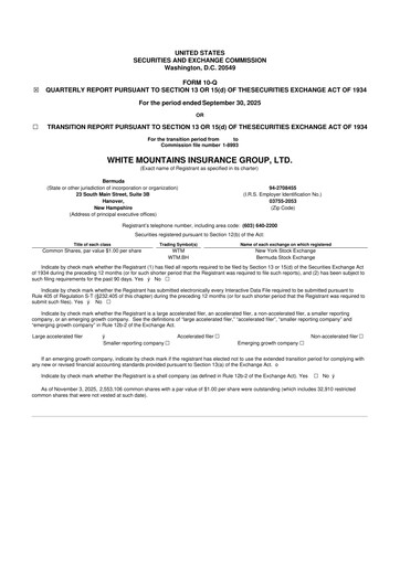 Miniature White Mountains Insurance Group 10-Q Rapport trimestriel 2025 