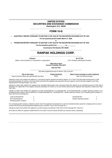Miniature Ranpak 10-Q Rapport trimestriel  
