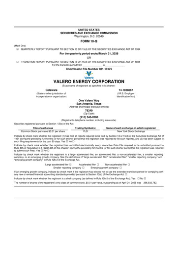 Thumbnail Valero Energy 10-Q Quarterly Report FY 