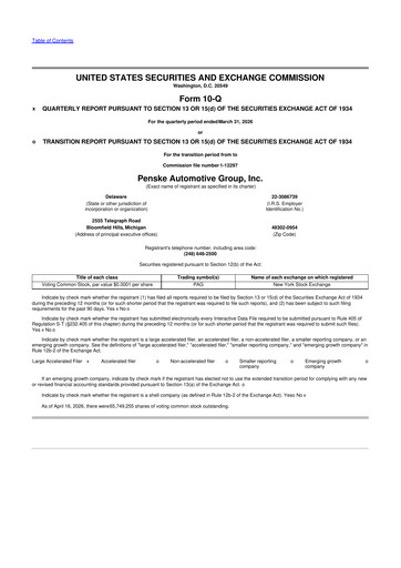 Thumbnail Penske Automotive Group 10-Q Quarterly Report FY 