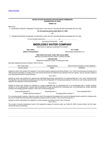 Miniature Middlesex Water Company
 10-Q Rapport trimestriel  