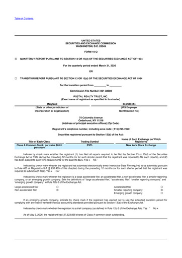 Thumbnail Postal Realty Trust 10-Q Quarterly Report FY 