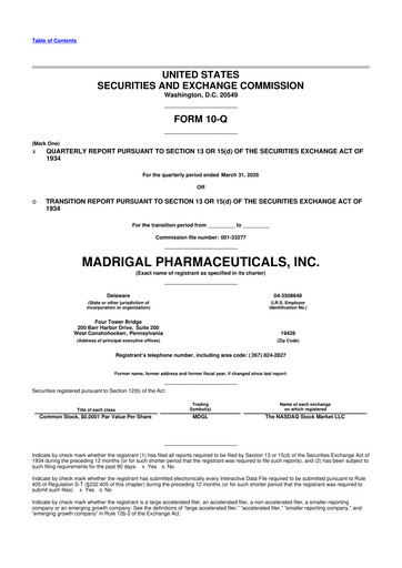 Miniature Madrigal Pharmaceuticals
 10-Q Rapport trimestriel  
