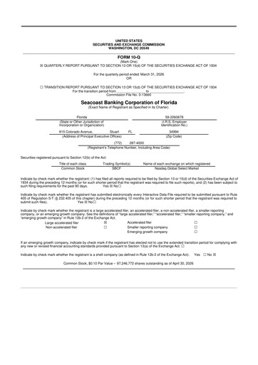 Miniature Seacoast Banking 10-Q Rapport trimestriel  