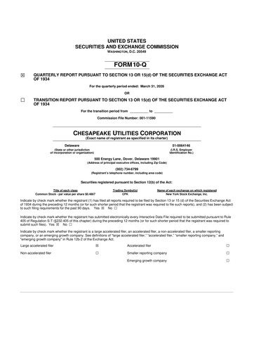 Thumbnail Chesapeake Utilities
 10-Q Quarterly Report FY 