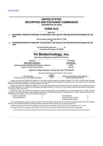 Miniature Vir Biotechnology
 10-Q Rapport trimestriel  