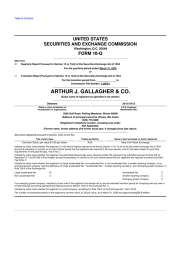 Thumbnail Arthur J. Gallagher & Co.
 10-Q Quarterly Report FY 