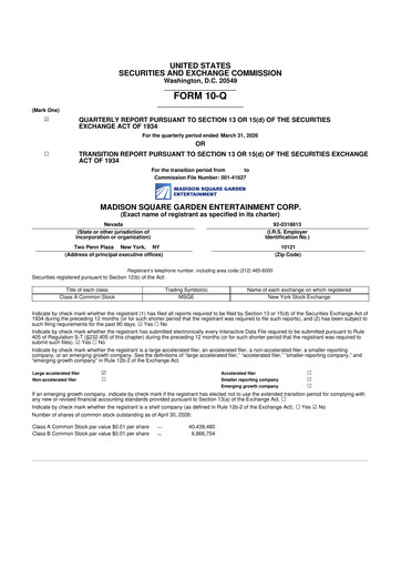 Miniature Madison Square Garden Entertainment 10-Q Rapport trimestriel  