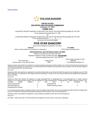 Miniature Five Star Bancorp 10-Q Rapport trimestriel  
