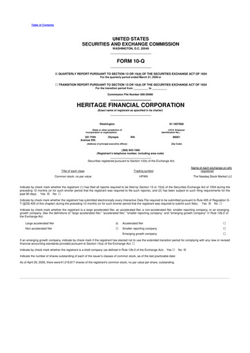 Thumbnail Heritage Financial 10-Q Quarterly Report FY 