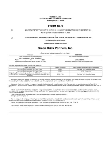Thumbnail Green Brick Partners
 10-Q Quarterly Report FY 