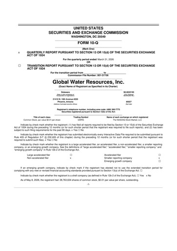 Miniature Global Water Resources 10-Q Rapport trimestriel  