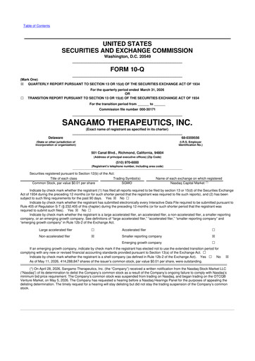 Thumbnail Sangamo Therapeutics
 10-Q Quarterly Report FY 