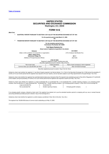Miniature York Space Systems 10-Q Rapport trimestriel  