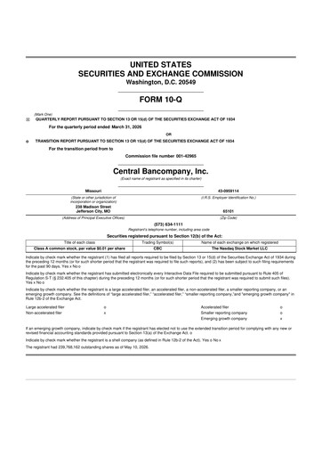 Thumbnail Central Bancompany 10-Q Quarterly Report FY 