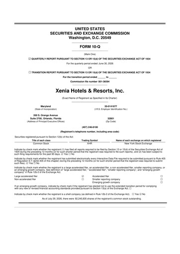 Thumbnail Xenia Hotels & Resorts

 10-Q Quarterly Report FY2026 