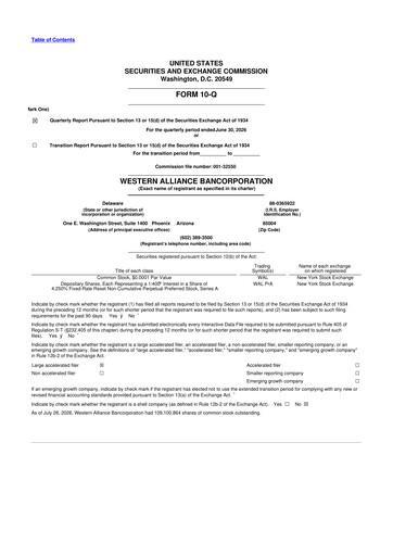 Miniature Western Alliance Bancorporation
 10-Q Rapport trimestriel 2026 