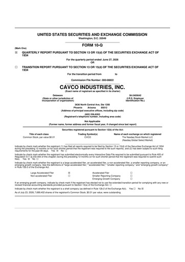 Thumbnail Cavco Industries 10-Q Quarterly Report FY2027 