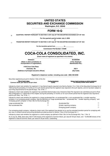 Thumbnail Coca-Cola Consolidated 10-Q Quarterly Report FY2026 