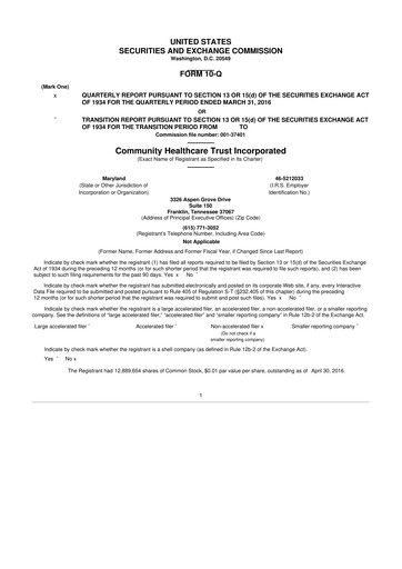 Vorschaubild Community Healthcare Trust 10-Q Quartalsbericht 2016 