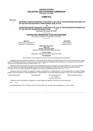 Vorschaubild Community Healthcare Trust 10-Q Quartalsbericht 2016 