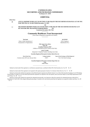 Thumbnail Community Healthcare Trust 10-K Annual Report 2019