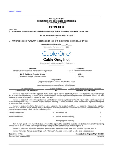Thumbnail Cable One 10-Q Quarterly Report FY 