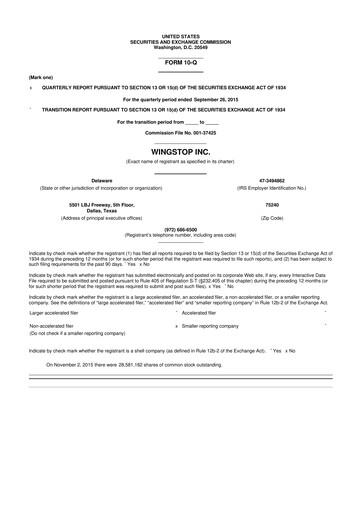 Miniature Wingstop Restaurants 10-Q Rapport trimestriel 2015 