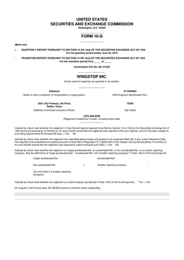 Miniature Wingstop Restaurants 10-Q Rapport trimestriel 2016 