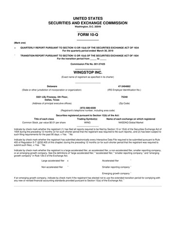 Miniature Wingstop Restaurants 10-Q Rapport trimestriel 2019 