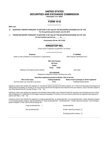 Miniature Wingstop Restaurants 10-Q Rapport trimestriel 2019 