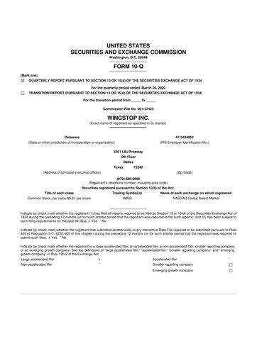 Miniature Wingstop Restaurants 10-Q Rapport trimestriel 2020 