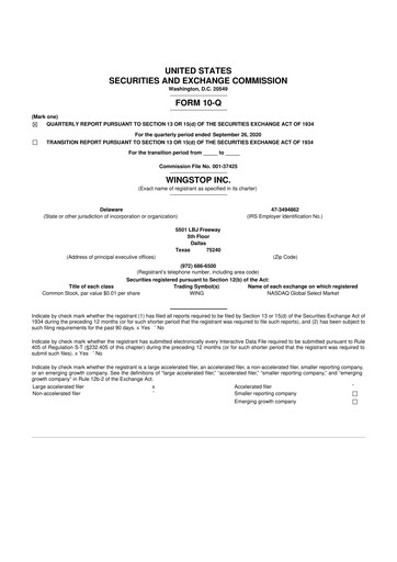 Miniature Wingstop Restaurants 10-Q Rapport trimestriel 2020 