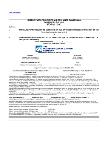 Thumbnail Madison Square Garden Sports 10-K Annual Report 2016