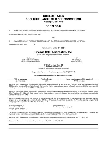 Thumbnail Lineage Cell Therapeutics
 10-Q Quarterly Report FY2020 