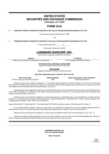 Miniature Landmark Bancorp 10-Q Rapport trimestriel 2025 