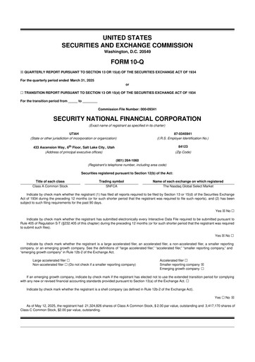 Thumbnail Security National Financial Corporation 10-Q Quarterly Report FY2025 