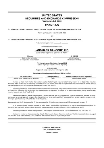 Miniature Landmark Bancorp 10-Q Rapport trimestriel 2025 