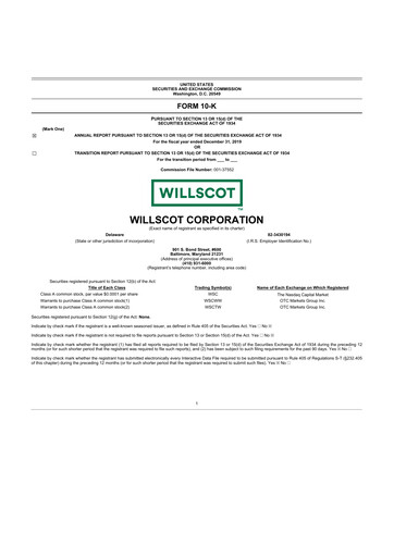 Miniature WillScot 10-K Rapport annuel 2019