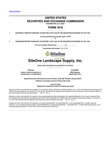 Miniature SiteOne Landscape Supply
 10-Q Rapport trimestriel 2018 