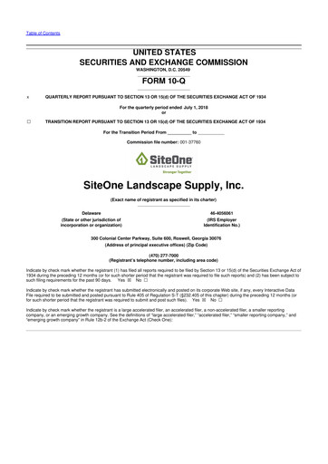 Miniature SiteOne Landscape Supply
 10-Q Rapport trimestriel 2018 