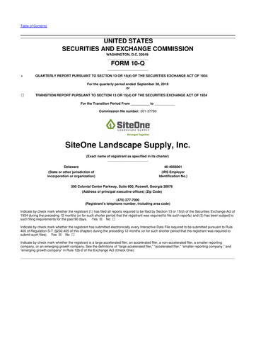 Miniature SiteOne Landscape Supply
 10-Q Rapport trimestriel 2018 