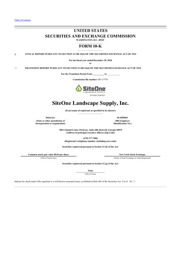 Miniature SiteOne Landscape Supply
 10-K Rapport annuel 2018
