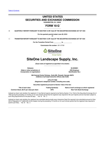 Miniature SiteOne Landscape Supply
 10-Q Rapport trimestriel 2019 