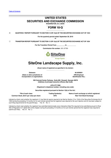 Miniature SiteOne Landscape Supply
 10-Q Rapport trimestriel 2019 
