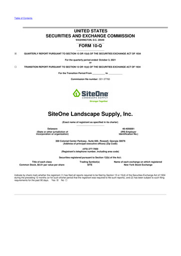 Miniature SiteOne Landscape Supply
 10-Q Rapport trimestriel 2021 