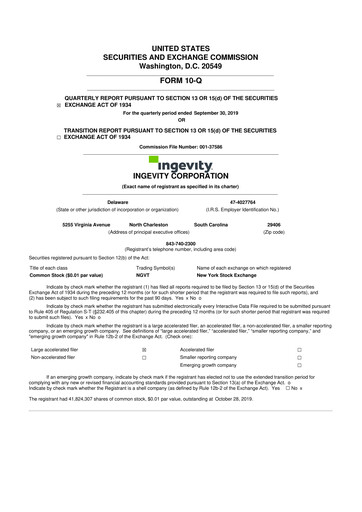 Thumbnail Ingevity 10-Q Quarterly Report FY2019 